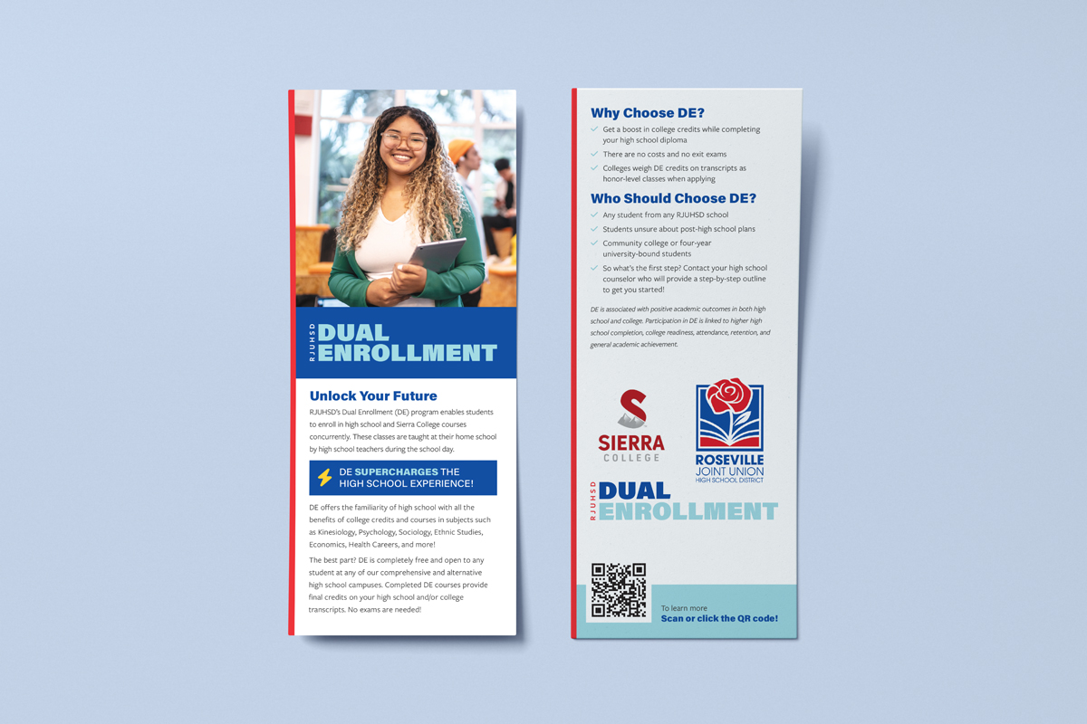 Photo of the front and back of a Dual Enrollment rack card for Roseville Joint Union High School District