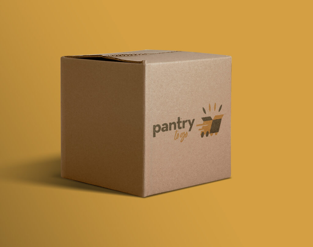Photo of a cardboard box with the PantryToGo logo printed on its face